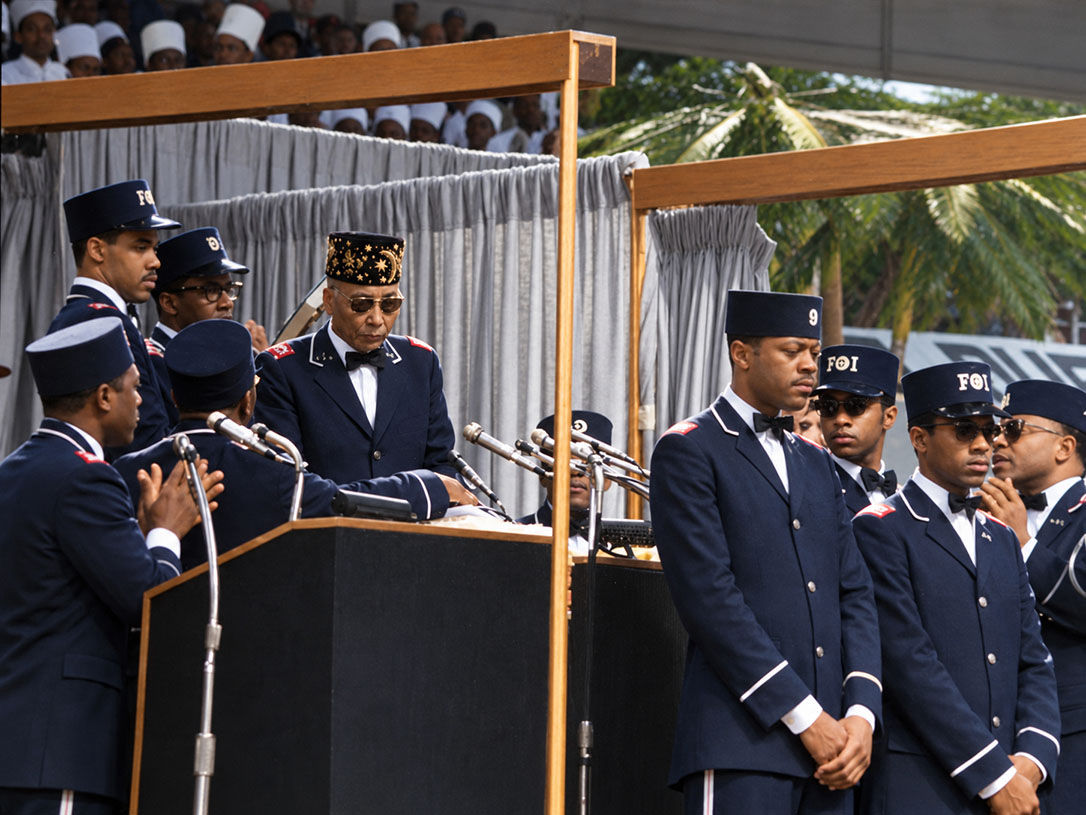 Honorable Elijah Muhammad gives 1974 Saviors address in Chicago.  Minister Abdul Karim Hasan stands in front of the podium.